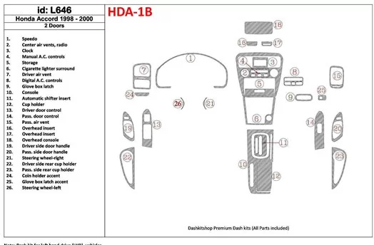 Honda Accord 1998-2000 2 Doors Full Set, 26 Parts set, Decor de carlinga su interior