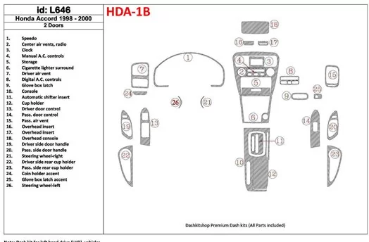 Honda Accord 1998-2000 2 Doors Full Set, 26 Parts set, Interior BD Dash Trim Kit
