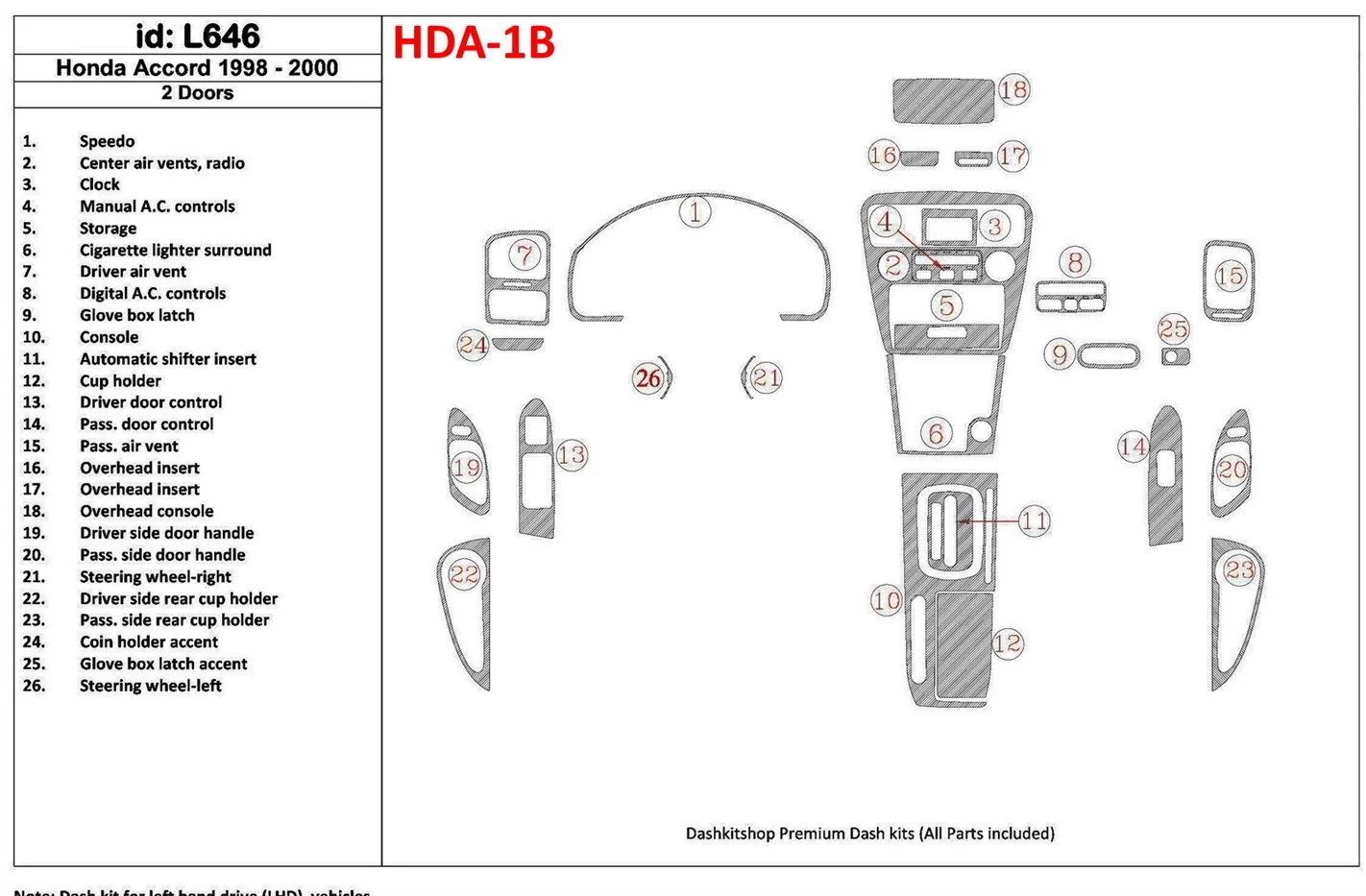 Honda Accord 1998-2000 2 Doors Full Set, 26 Parts set, BD Interieur Dashboard Bekleding Volhouder
