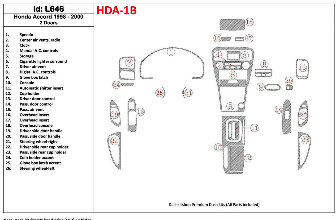 Honda Accord 1998-2000 2 Doors Full Set, 26 Parts set, Interior BD Dash Trim Kit