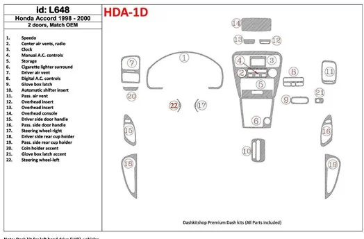 Honda Accord 1998-2000 2 Doors, Mtach OEM, 22 Parts set Decor de carlinga su interior