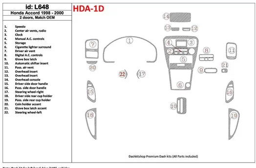 Honda Accord 1998-2000 2 Doors, Mtach OEM, 22 Parts set Interior BD Dash Trim Kit