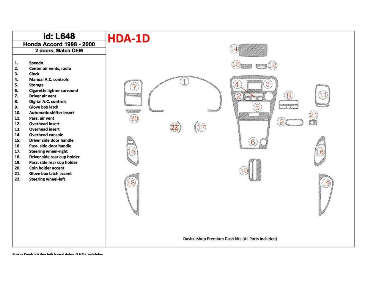 Honda Accord 1998-2000 2 Doors, Mtach OEM, 22 Parts set Interior BD Dash Trim Kit
