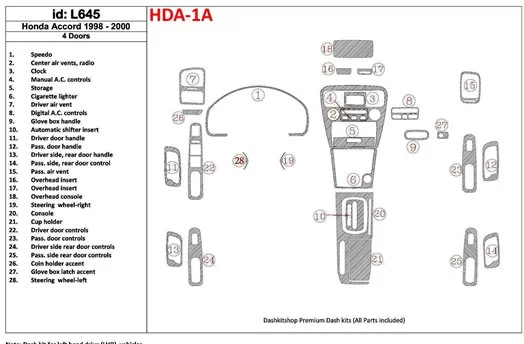 Honda Accord 1998-2000 4 Doors, Voll Satz, 28 Parts set BD innenausstattung armaturendekor cockpit dekor - 1- Cockpit Dekor Inne