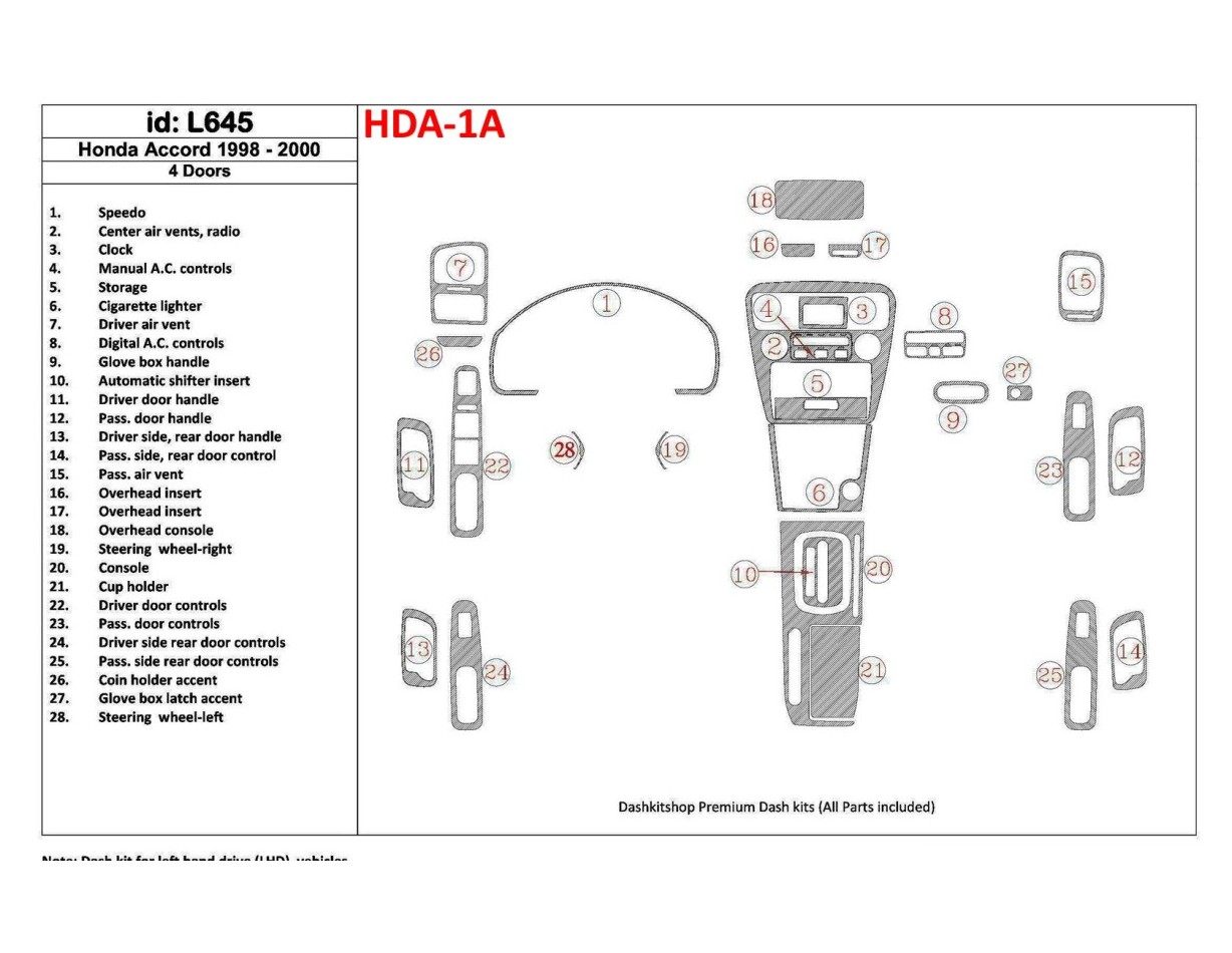 Honda Accord 1998-2000 4 Doors, Full Set, 28 Parts set Interior BD Dash Trim Kit