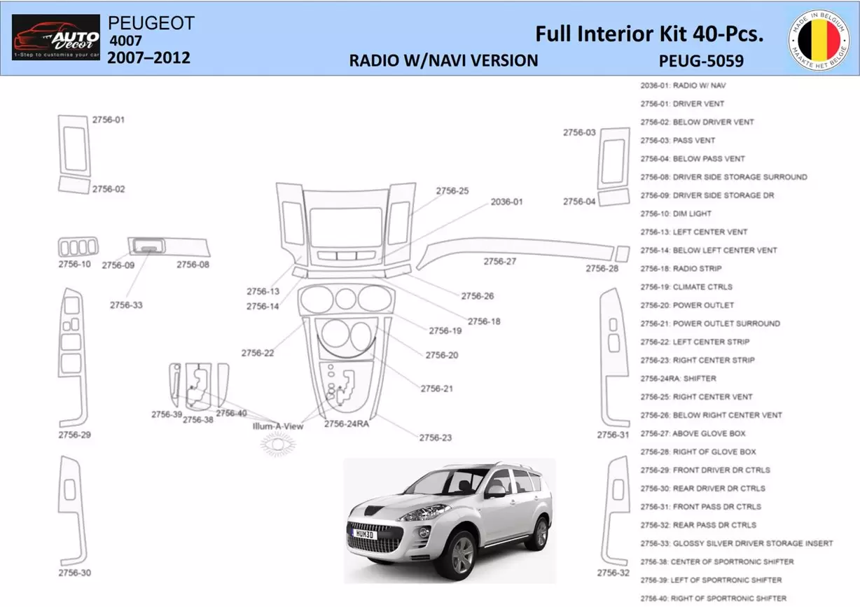 Peugeot 4007 2007–2012 3D Inleg dashboard Interieurset WHZ NAVI aansluitend en pasgemaakt op het dashboard 40 -Onderdelen