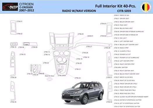 Citroën C-Crosser 2007–2012 Kit de molduras interiores 3D para salpicadero WHZ NAVI Dash Trim Dekor 40 piezas