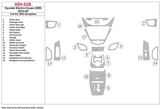 Hyundai Elantra Coupe 2011-UP Full Set, With NAVI Interior BD Dash Trim Kit