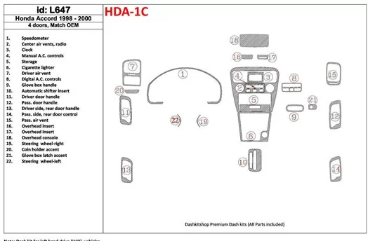 Honda Accord 1998-2000 4 Doors, OEM Compliance, 22 Parts set BD innenausstattung armaturendekor cockpit dekor - 1- Cockpit Dekor