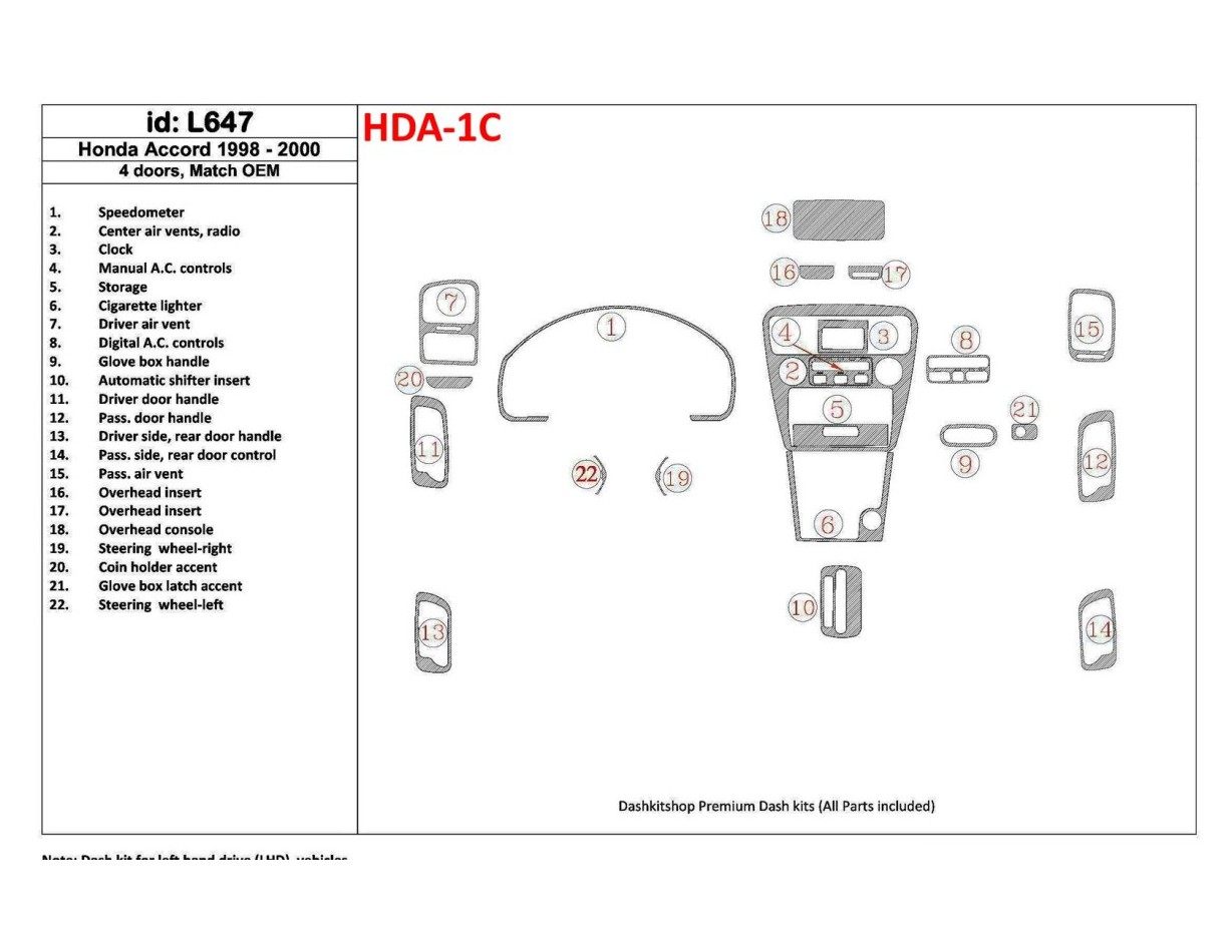 Honda Accord 1998-2000 4 Doors, OEM Compliance, 22 Parts set Interior BD Dash Trim Kit