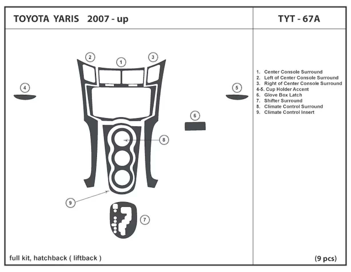تويوتا يارس 12.05-12.09 طقم حواف لوحة القيادة الداخلية ثلاثي الأبعاد داش تريم ديكور 9-Parts
