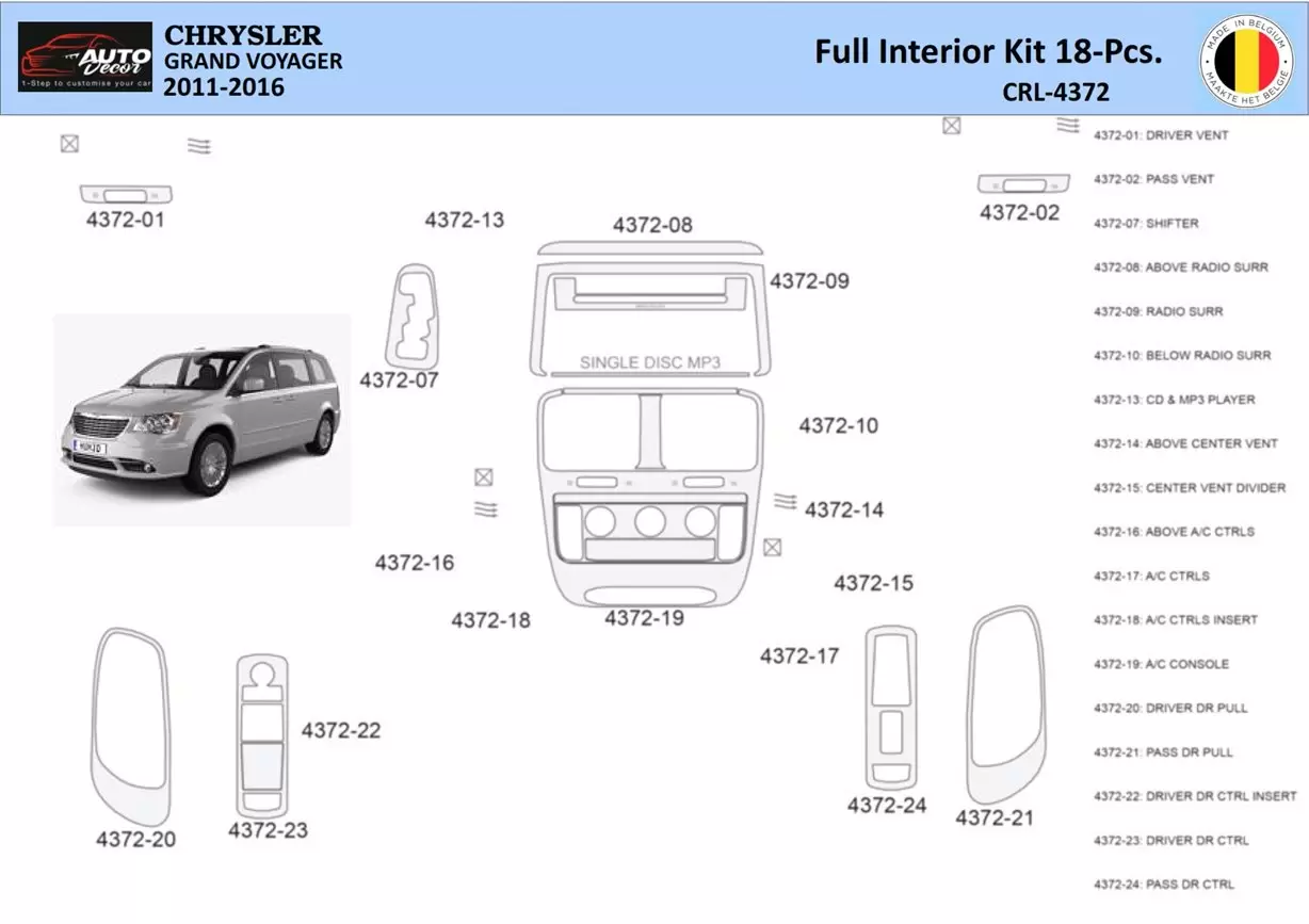 Lancia Voyager 2011-2016 Interieur WHZ Dashboardafwerkingsset 18 onderdelen
