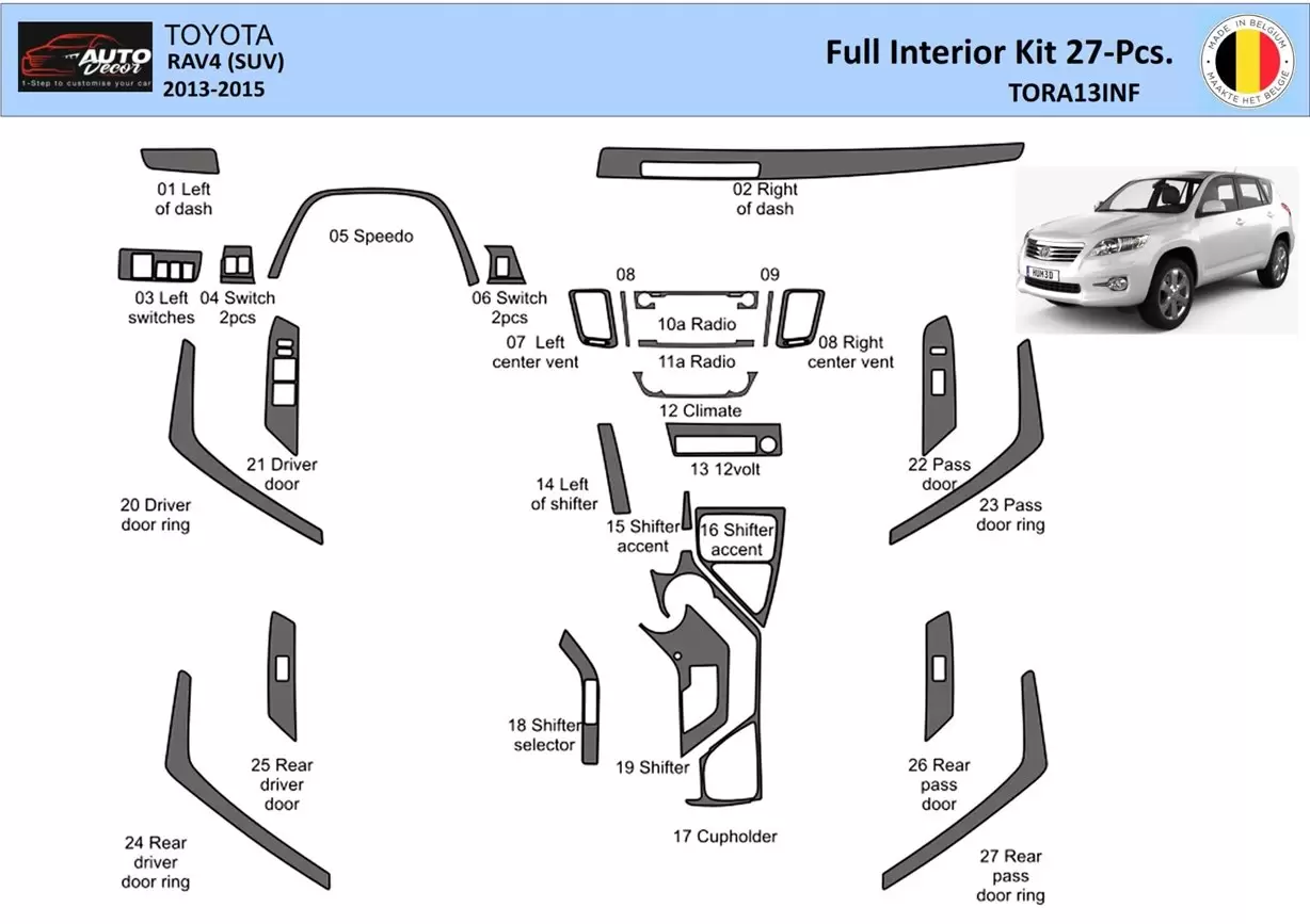 Toyota RAV4 2013-2015 Intérieur WHZ Kit de garniture de tableau de bord 27 pièces