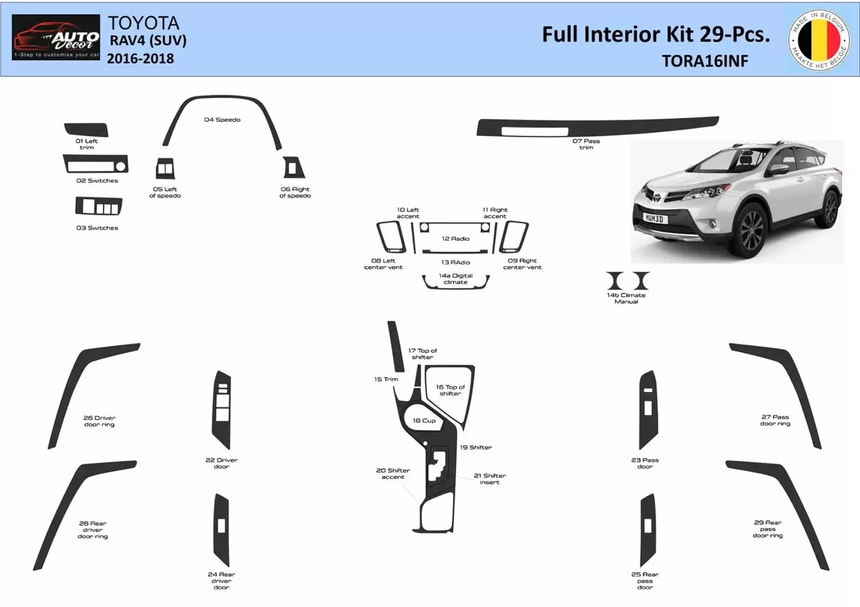 Toyota RAV4 2016-2018 Interior WHZ Kit de molduras de tablero 29 piezas Toyota RAV4 2016-2018 Interior WHZ Kit de molduras de tablero 29 piezas