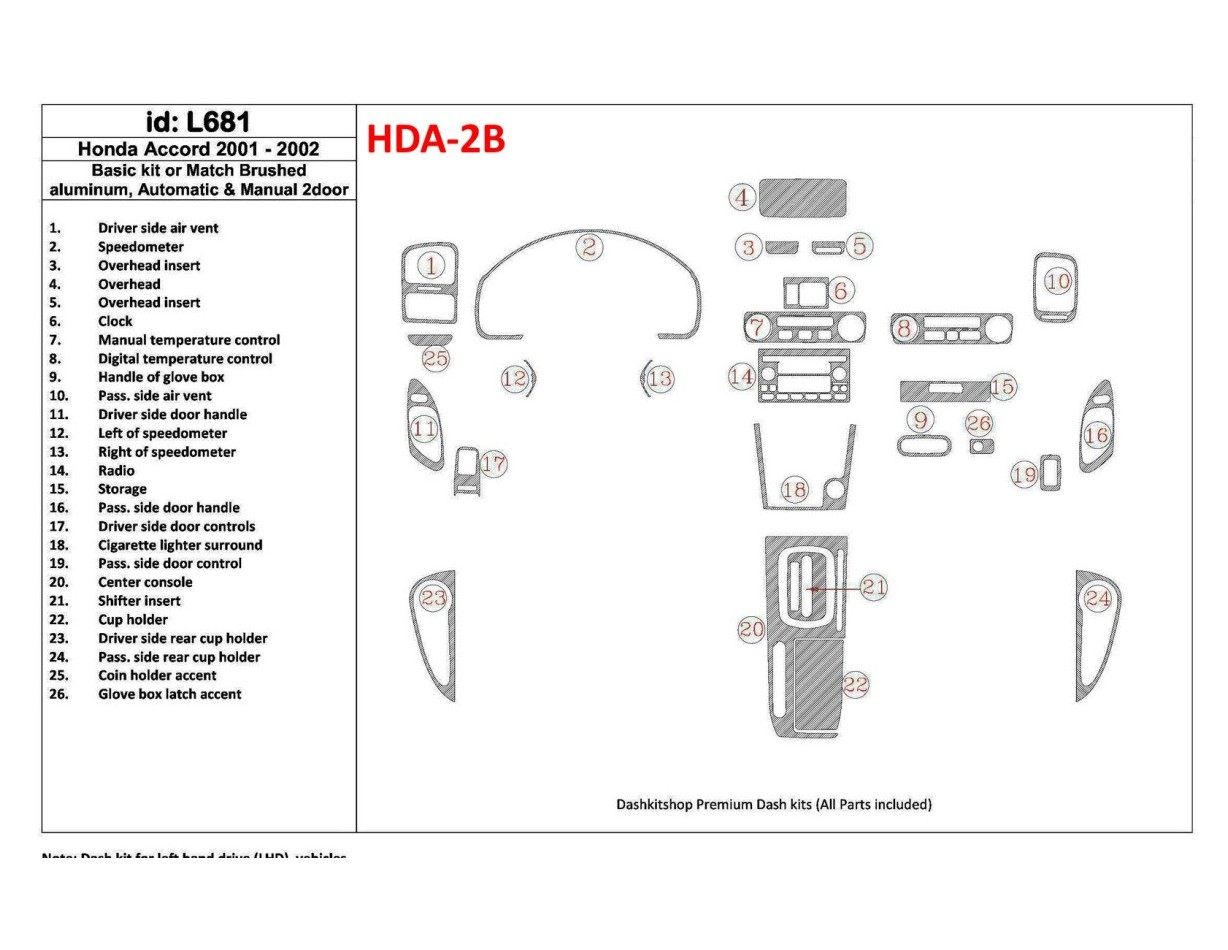 Honda Accord 2001-2002 2 Doors, Basic Set, 26 Parts set Decor de carlinga su interior
