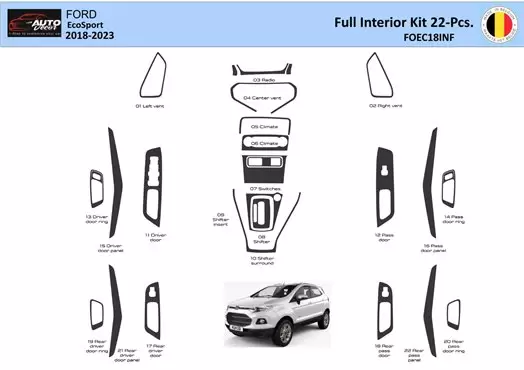 Ford EcoSport SUV 2018-2022 Interior WHZ Kit de molduras de tablero 22 piezas