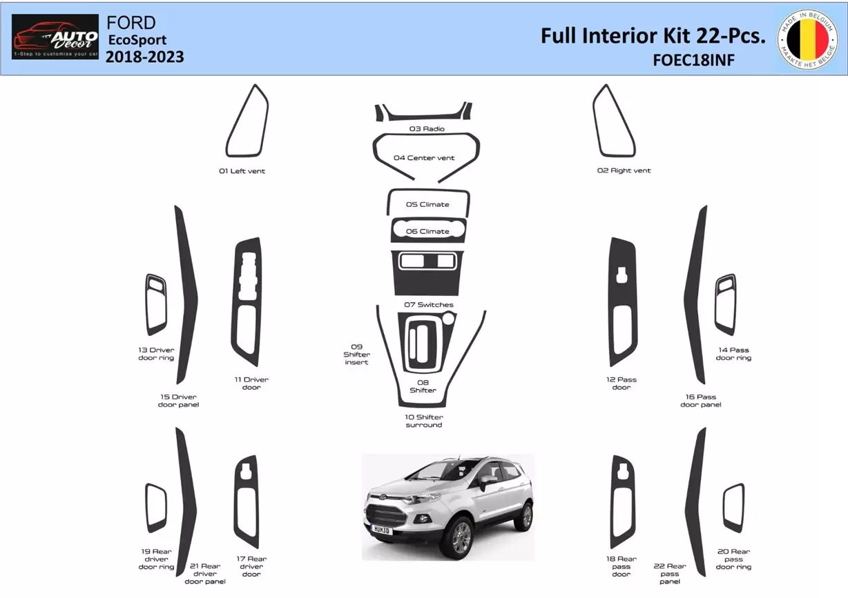 Ford EcoSport SUV 2018-2022 مجموعة أدوات تزيين لوحة القيادة الداخلية WHZ 22 قطعة