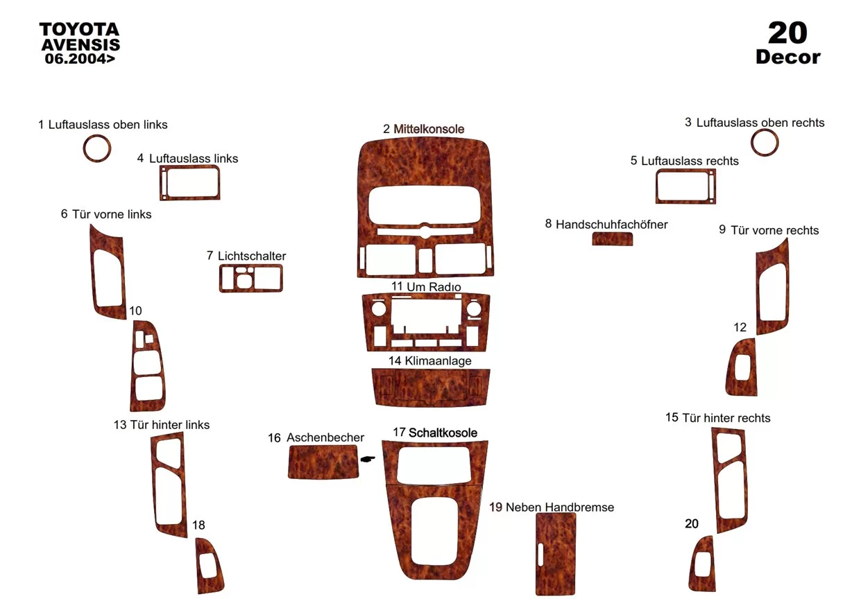 Toyota Avensis 10.97 -12.00 Kit Rivestimento Cruscotto all'interno del veicolo Cruscotti personalizzati 9-Decori