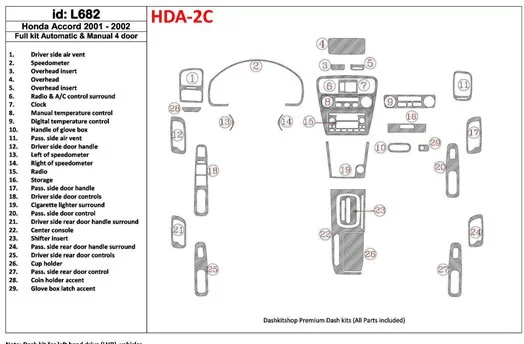 Honda Accord 2001-2002 4 Doors, Full Set, 29 Parts set BD Interieur Dashboard Bekleding Volhouder