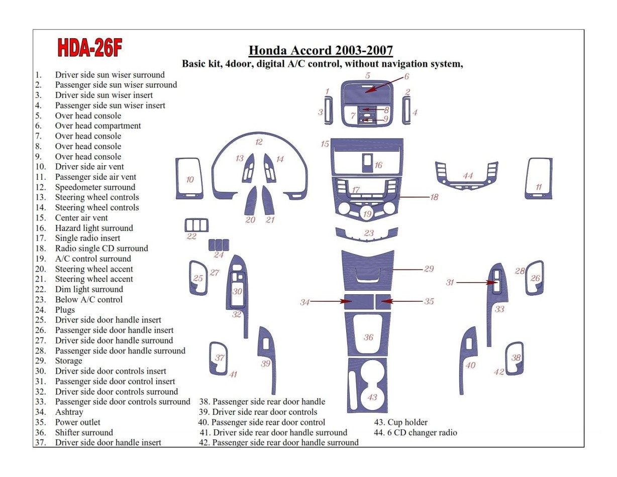 Honda Accord 2003-2007 Basic Set, Automatic A/C control, Without NAVI system, 4 Doors Decor de carlinga su interior
