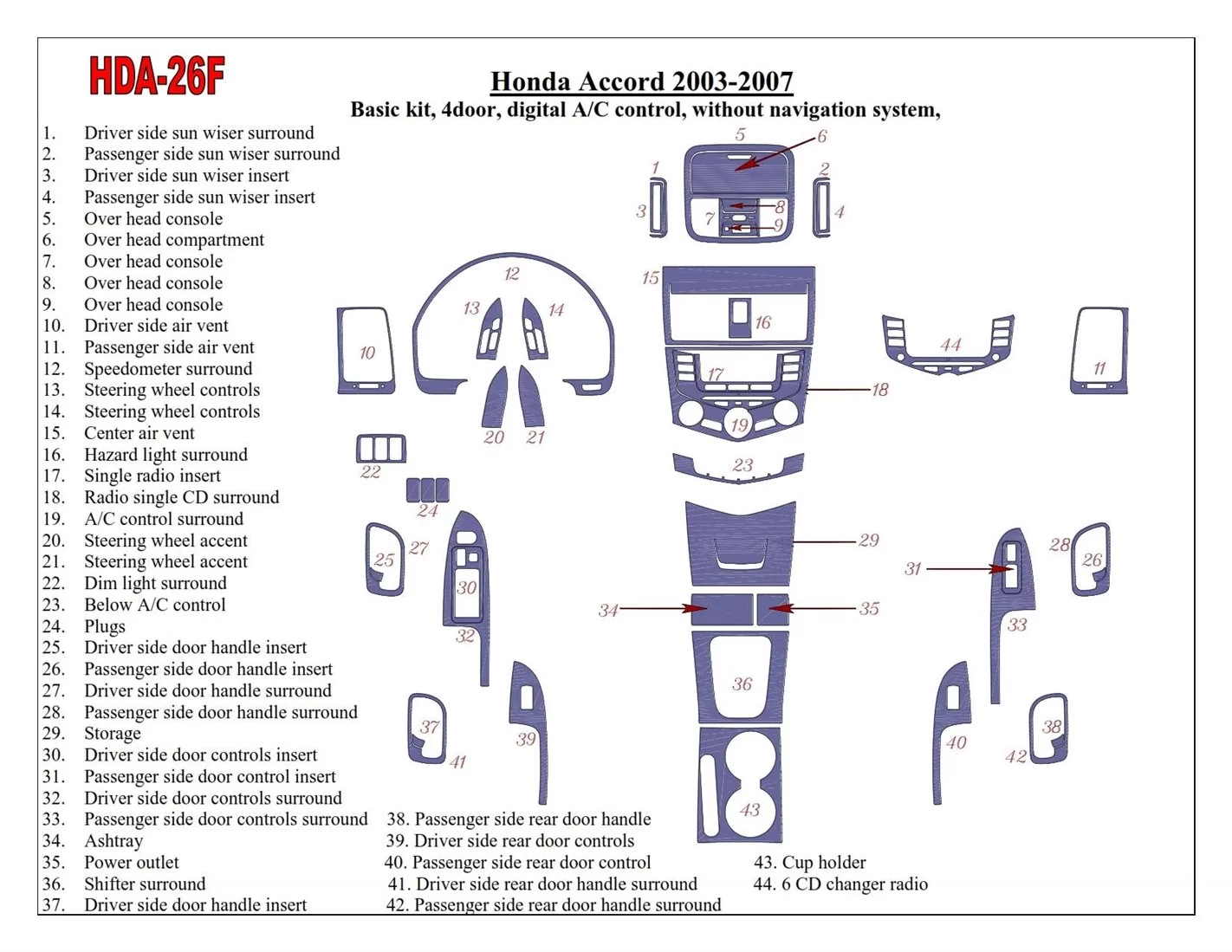 Honda Accord 2003-2007 Basic Set, Automatic A/C control, Without NAVI system, 4 Doors Interior BD Dash Trim Kit