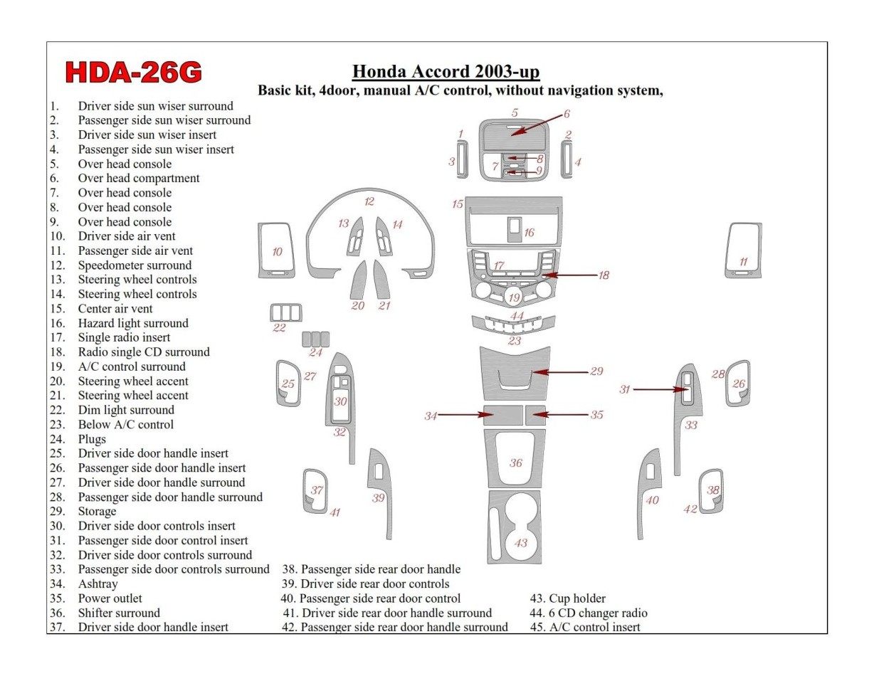 Honda Accord 2003-2007 Basic Set, Manual Gearbox A/C Control, Without NAVI system, 4 Doors Interior BD Dash Trim Kit