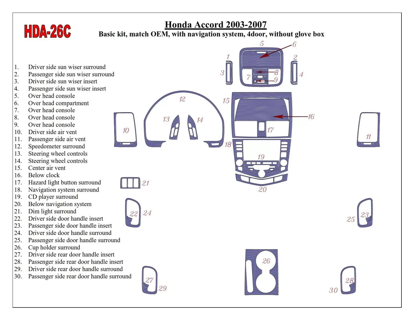 Honda Accord 2003-2007 Basic Set, OEM Compliance, With NAVI system, Without glowe-box, 4 Doors Decor de carlinga su interior
