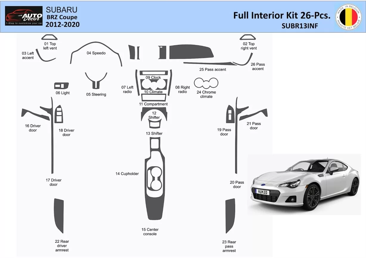 Subaru BRZ Coupe 2012-2020 Innenraum WHZ Armaturenbrett Zierleiste 28 Teile