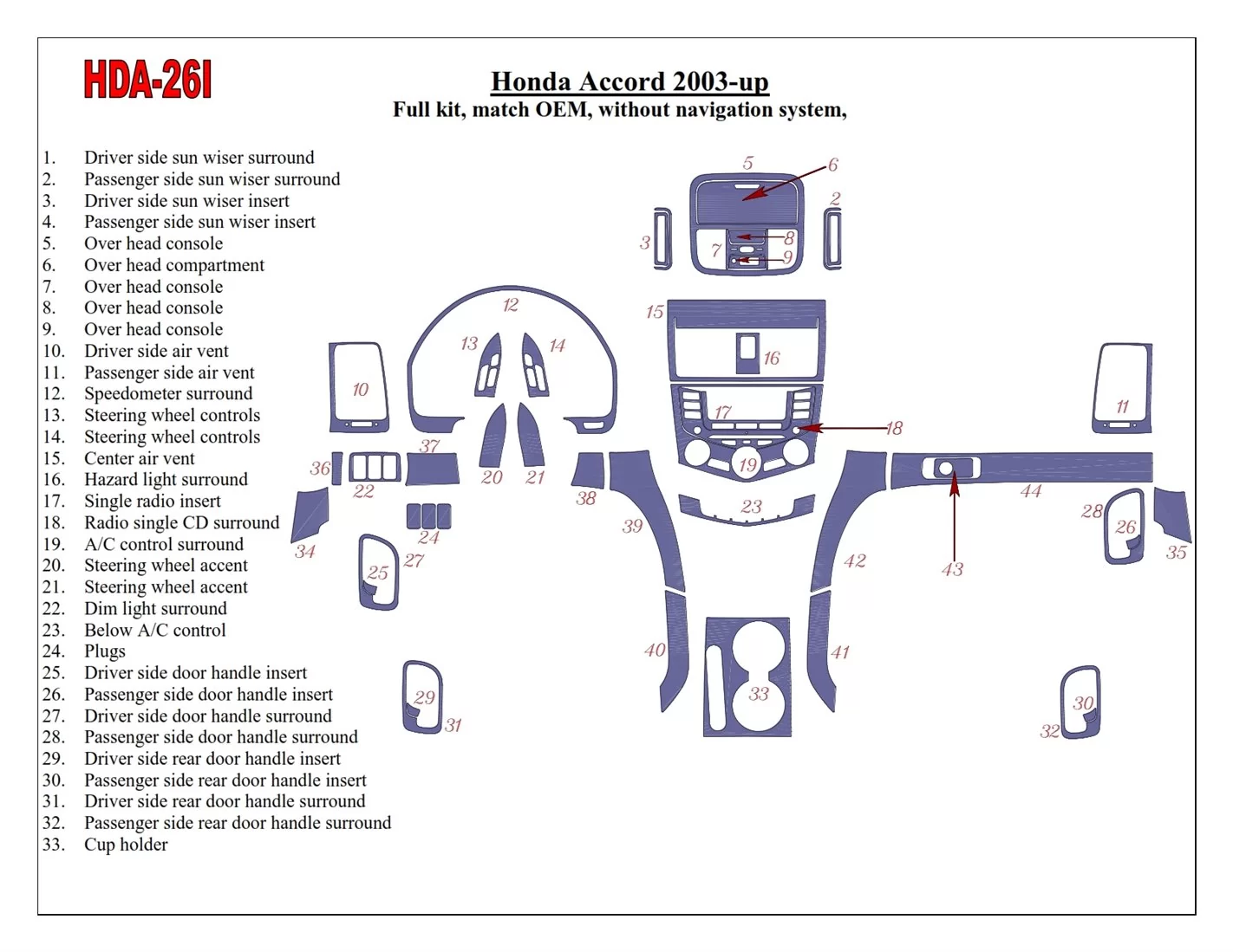 Honda Accord 2003-2007 Full Set, OEM Compliance, Without NAVI system BD Interieur Dashboard Bekleding Volhouder