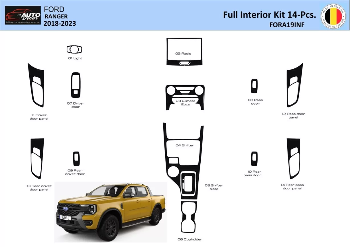 Ford Ranger 2019-2024 Raptor 3D Interior Dashboard Trim Kit Dash Trim Dekor 14-Parts