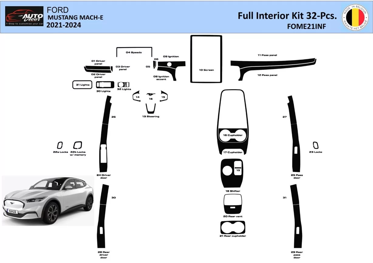 Ford Mustang Mach-E 2021-2024 Interior WHZ Dashboard trim kit 32 Parts