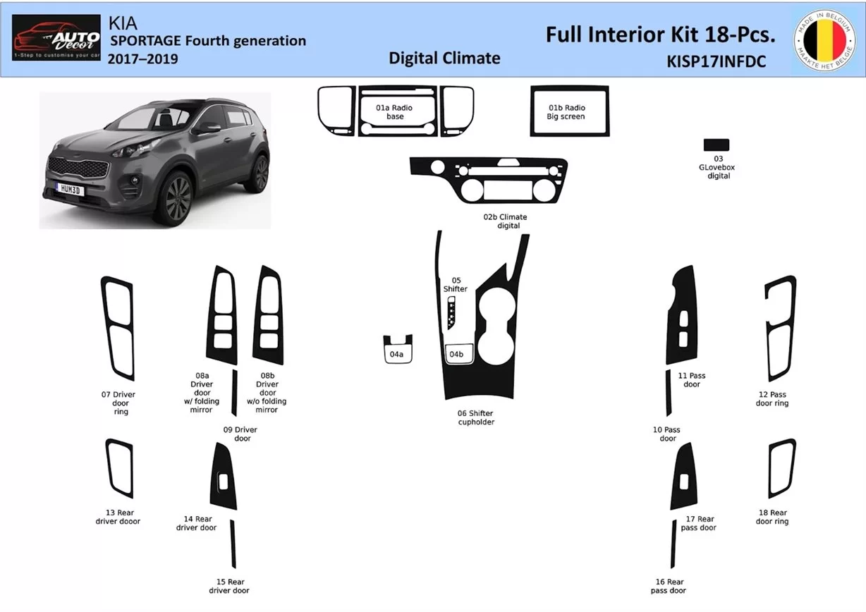 Kia Sportage 2017-2019 Digi-Clima Decor de carlinga su interior del coche 18 Partes