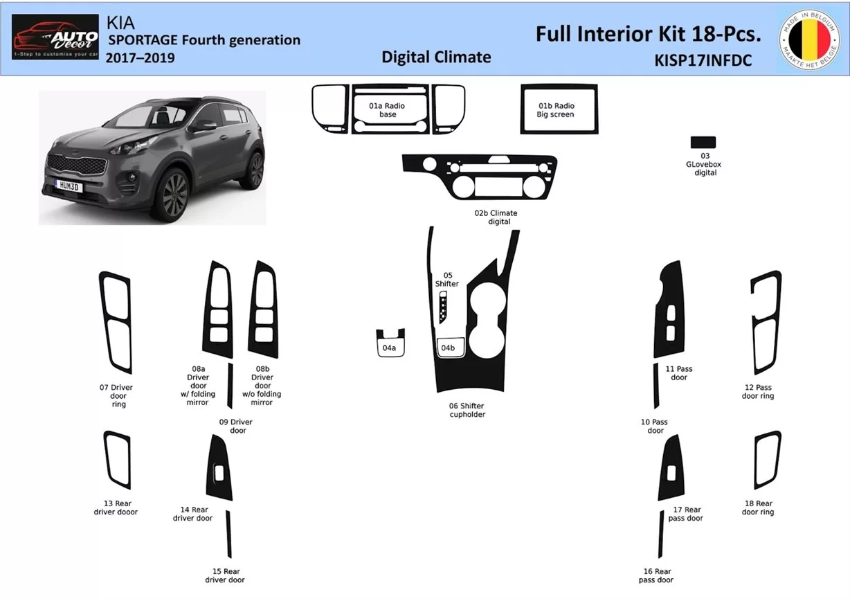 Kia Sportage 2017-2019 Digi-Clima Interieur WHZ Dashboard inbouwset 18 Onderdelen