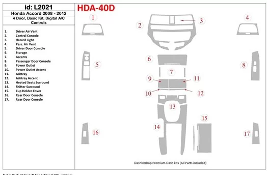 Honda Accord 2008-2012 4 Doors, Basic Set, Automatic AC Control Interior BD Dash Trim Kit