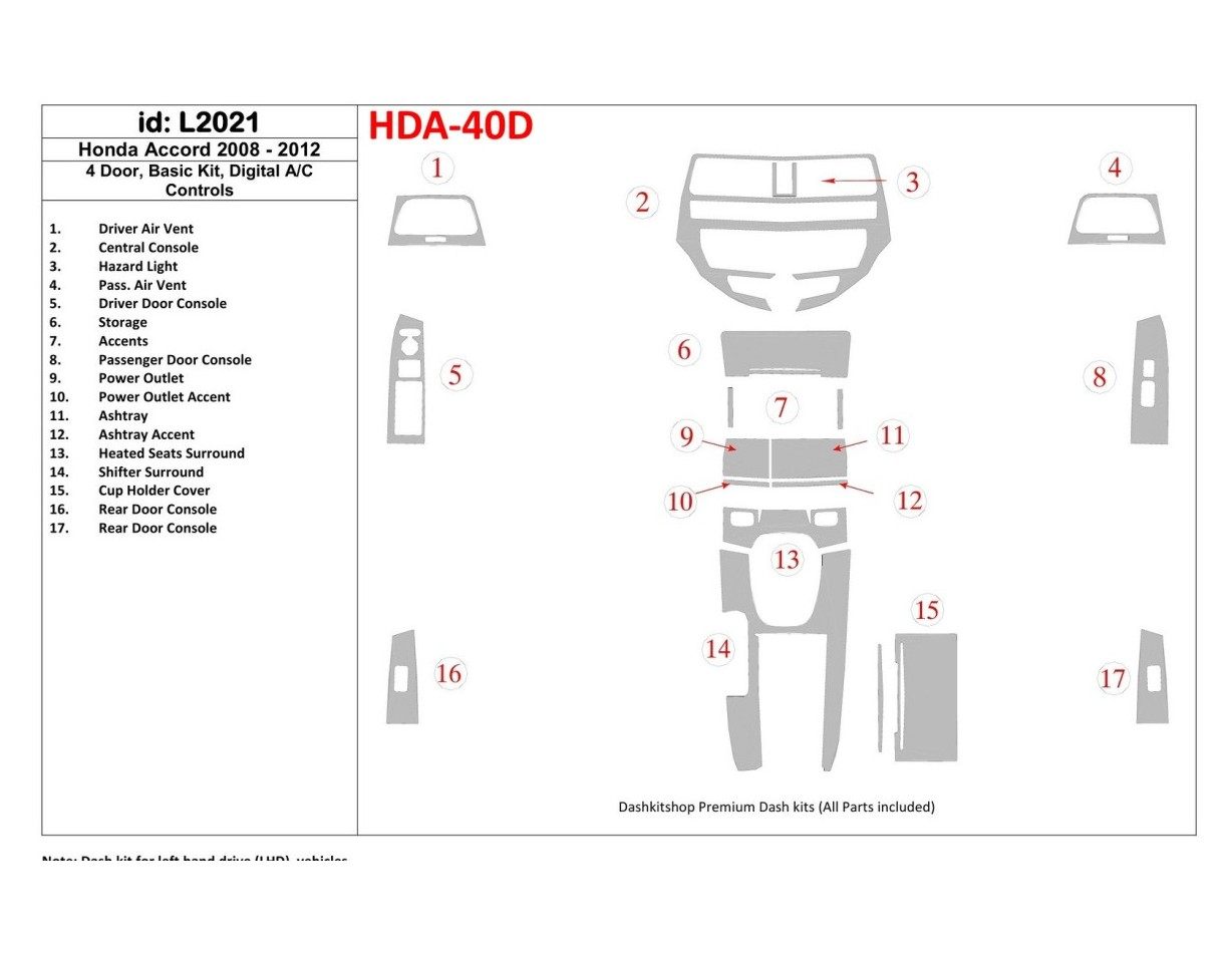 Honda Accord 2008-2012 4 Doors, Basic Set, Automatic AC Control Interior BD Dash Trim Kit