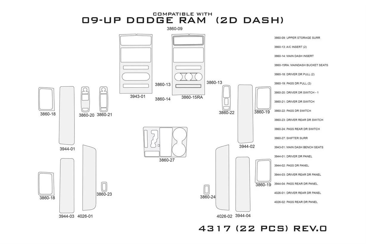 Dodge Ram 1500 2009-2012 Habillage Décoration de Tableau de Bord 22 Pièce