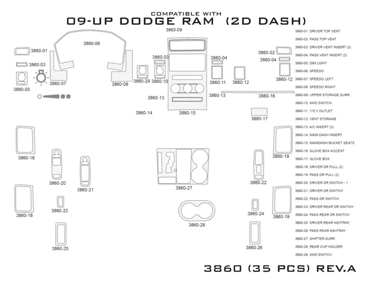 Dodge Ram 1500 2009-2012 Habillage Décoration de Tableau de Bord 35 Pièce