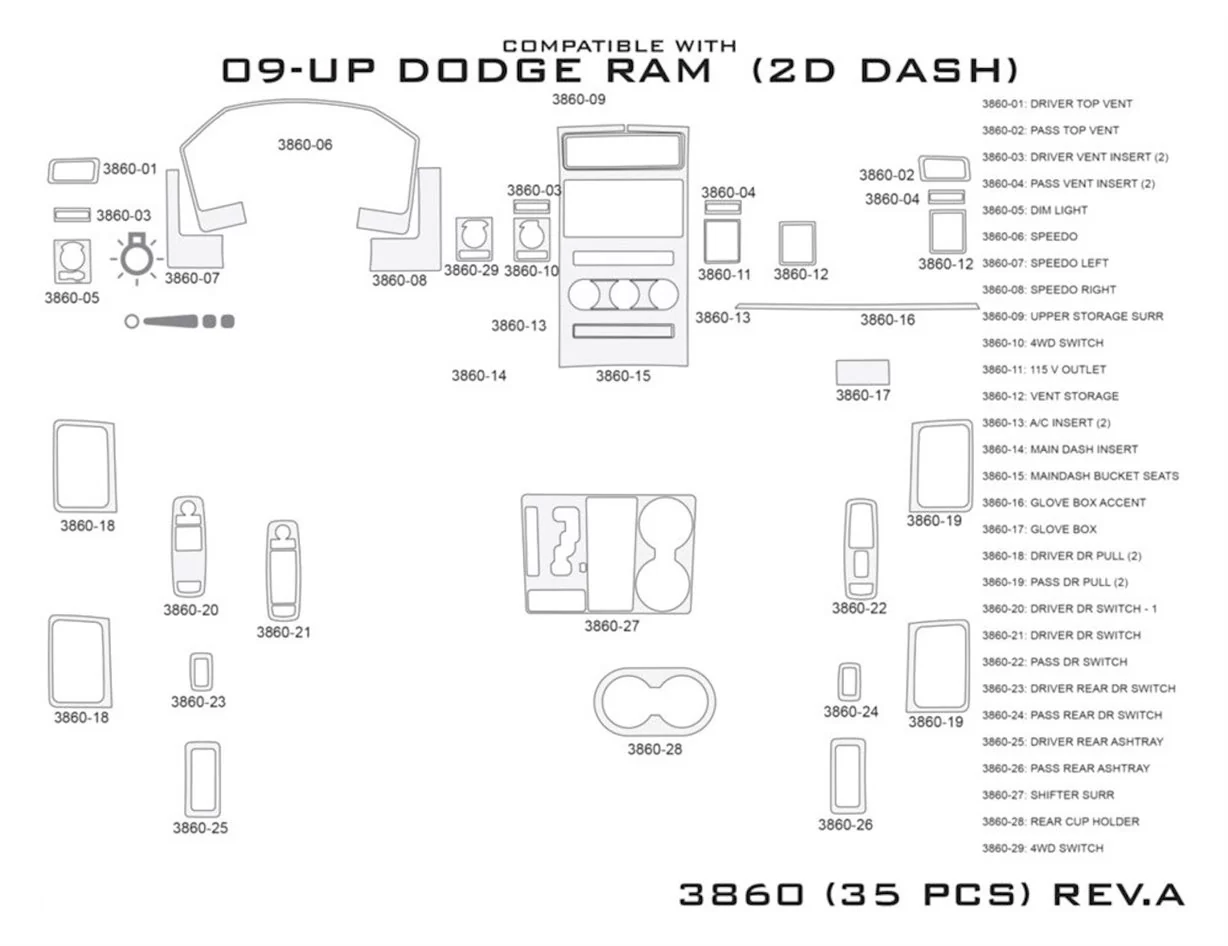 Dodge Ram 1500 2009-2012 Interior WHZ Dashboard trim kit 35 Parts