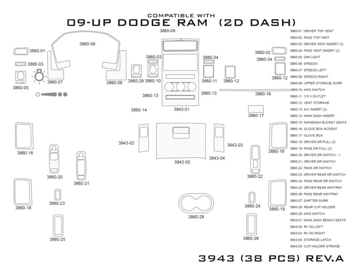 Dodge Ram 1500 2009-2012 Interieur WHZ Dashboard inbouwset 38 onderdelen