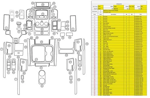 Dodge Ram 1500 2013-2019 Habillage Décoration de Tableau de Bord 60 Pièce