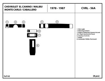Chevrolet El Camino, Malibu, Monte Carlo, Caballero 1978-1987 Full Mascherine sagomate per rivestimento cruscotti 