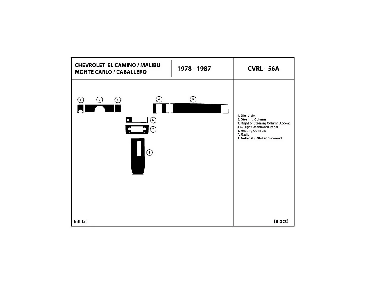 Chevrolet El Camino, Malibu, Monte Carlo, Caballero 1978-1987 Full Set Interior BD Dash Trim Kit