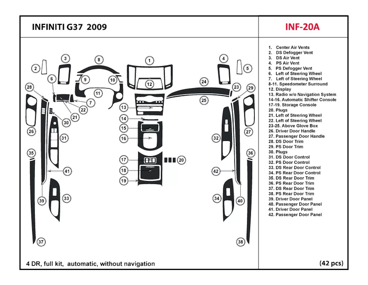 Infiniti G37 2007-2009 Full Set, Automatic Gear, Without NAVI Decor de carlinga su interior