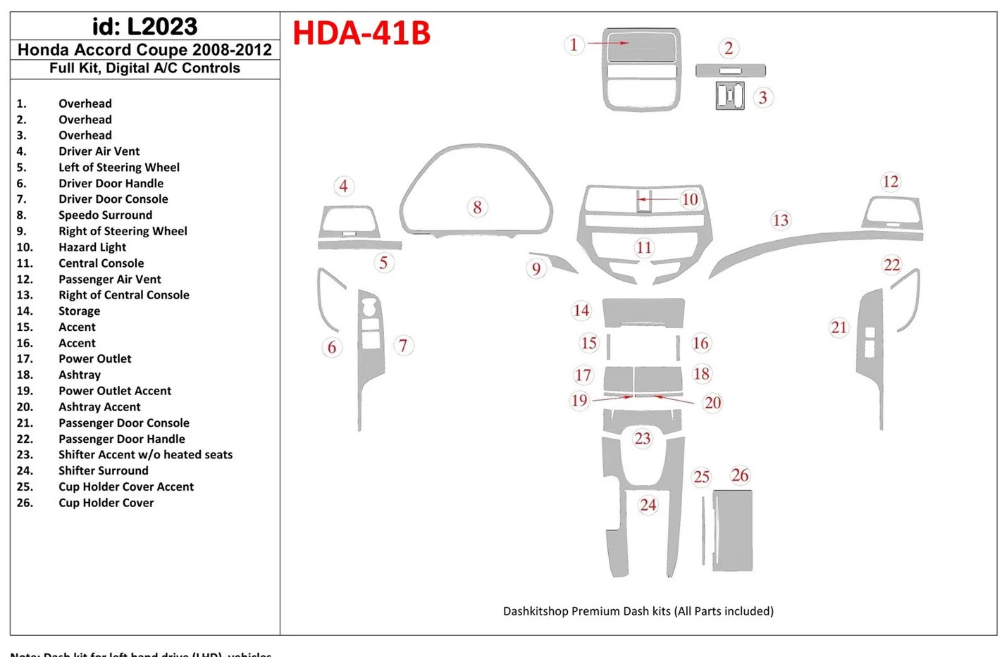 Honda Accord 2008-2012 Full Set, 2 Doors (Coupe), Automatic AC Control Interior BD Dash Trim Kit