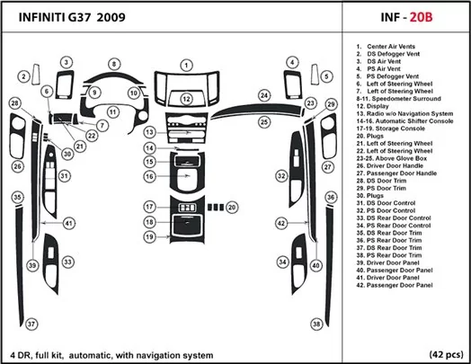 Infiniti G37 2007-2009 Ensemble Complet, Automatic Gear, With NAVI BD Décoration de tableau de bord