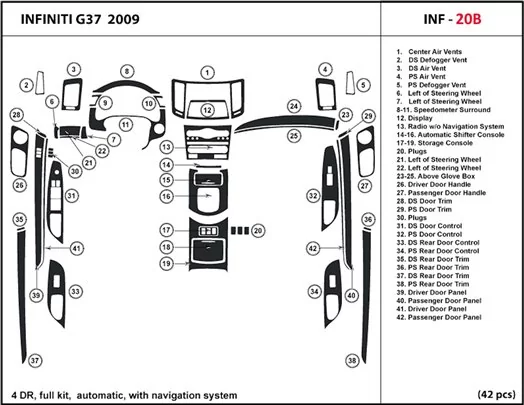 Infiniti G37 2007-2009 Full Set, Automatic Gear, With NAVI Decor de carlinga su interior