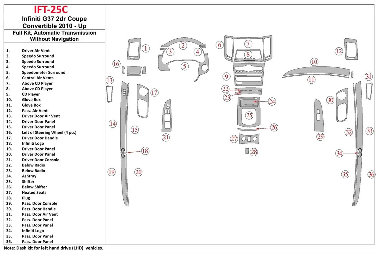 Infiniti G37 2DR Coupe 2010-UP Automatic Gearbox, Without NAVI, Cabrio Mascherine sagomate per rivestimento cruscotti 