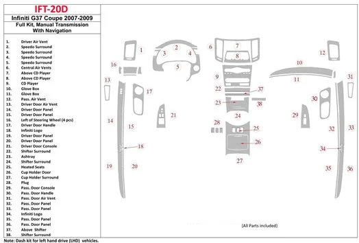 Infiniti G37 2007-2009 Ensemble Complet, Manual Gear Box, With NAVI BD Décoration de tableau de bord