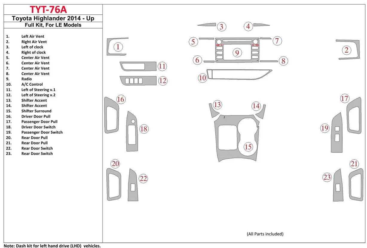 Toyota Highlander 2014-UP Ensemble Complet, fits LE Models BD Décoration de tableau de bord