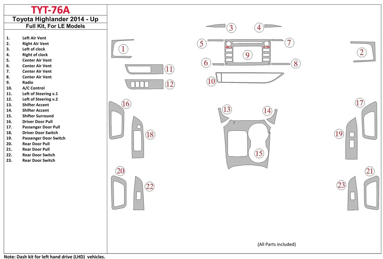 Toyota Highlander 2014-UP Full Set, fits LE Models Interior BD Dash Trim Kit